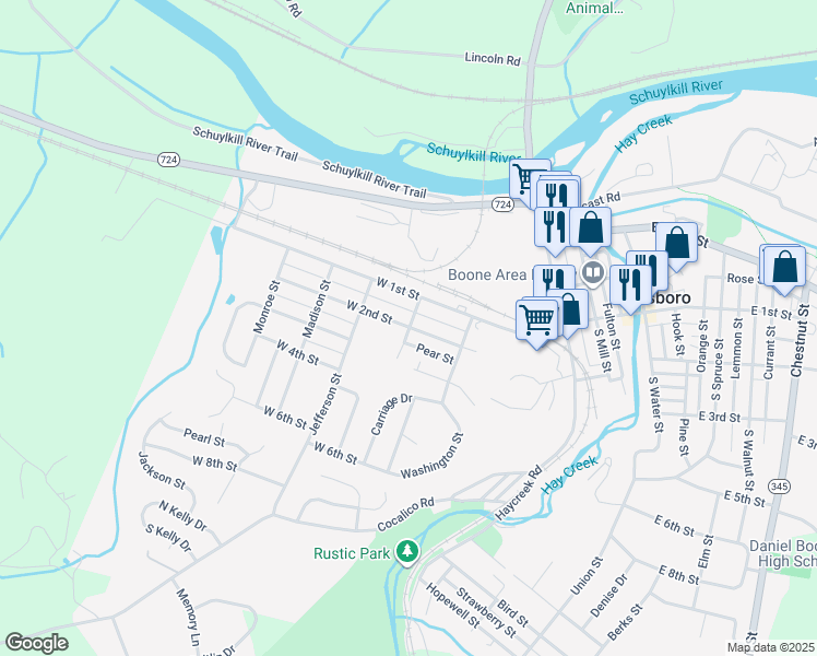 map of restaurants, bars, coffee shops, grocery stores, and more near 400 West 2nd Street in Birdsboro