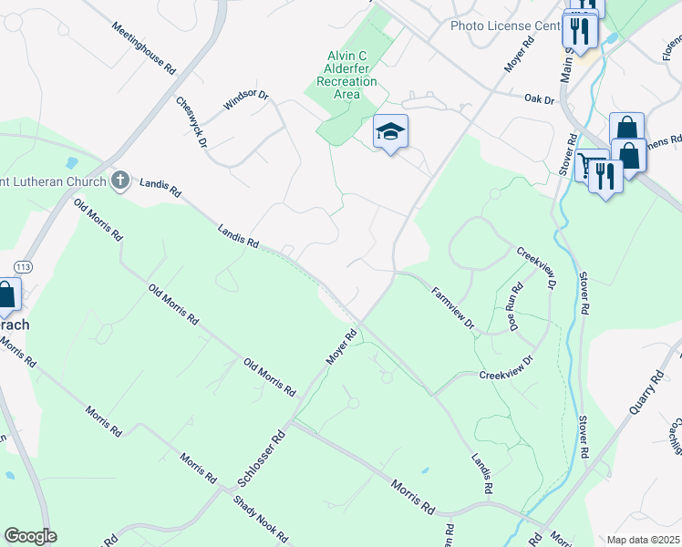 map of restaurants, bars, coffee shops, grocery stores, and more near 351 Landis Road in Harleysville