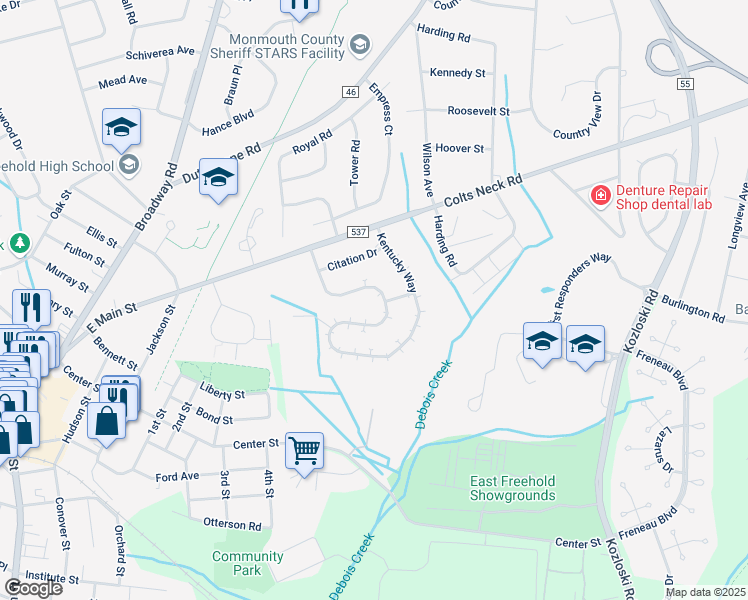 map of restaurants, bars, coffee shops, grocery stores, and more near 72 Kentucky Way in Freehold Township