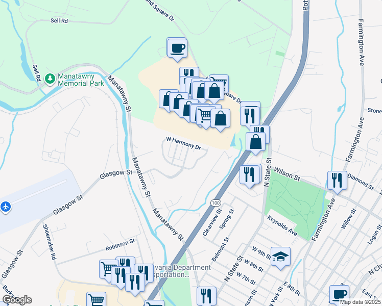 map of restaurants, bars, coffee shops, grocery stores, and more near 1546 Glasgow Street in Pottstown