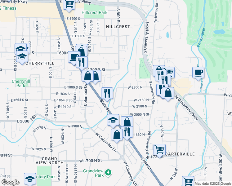 map of restaurants, bars, coffee shops, grocery stores, and more near 2221 North 1060 West in Provo