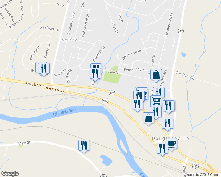 map of restaurants, bars, coffee shops, grocery stores, and more near 1091 Ben Franklin Highway West in Douglassville