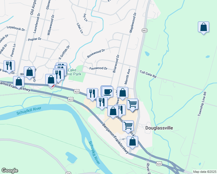 map of restaurants, bars, coffee shops, grocery stores, and more near 108 Briarwood Drive in Douglassville