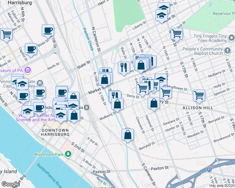 map of restaurants, bars, coffee shops, grocery stores, and more near 105 South Cameron Street in Harrisburg
