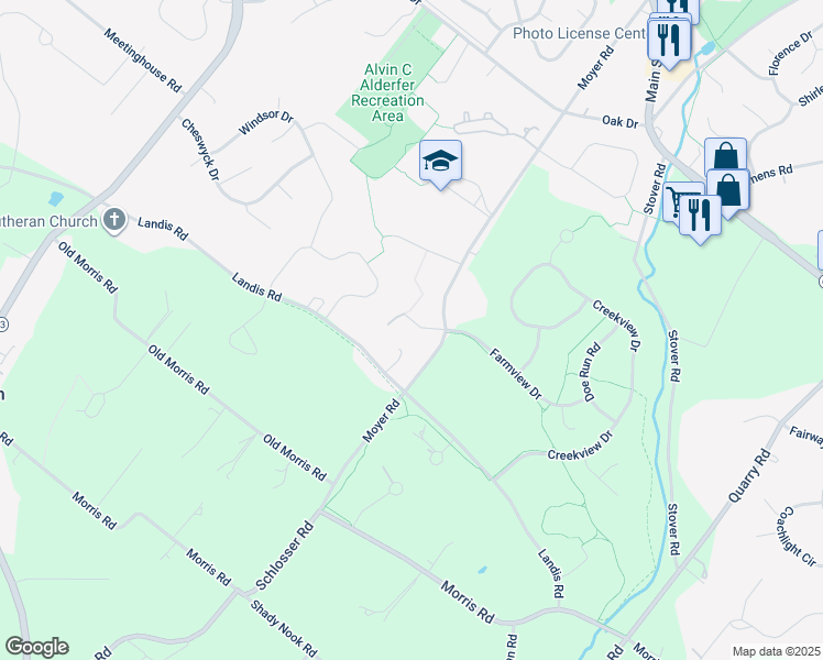 map of restaurants, bars, coffee shops, grocery stores, and more near 348 Cricket Lane in Harleysville