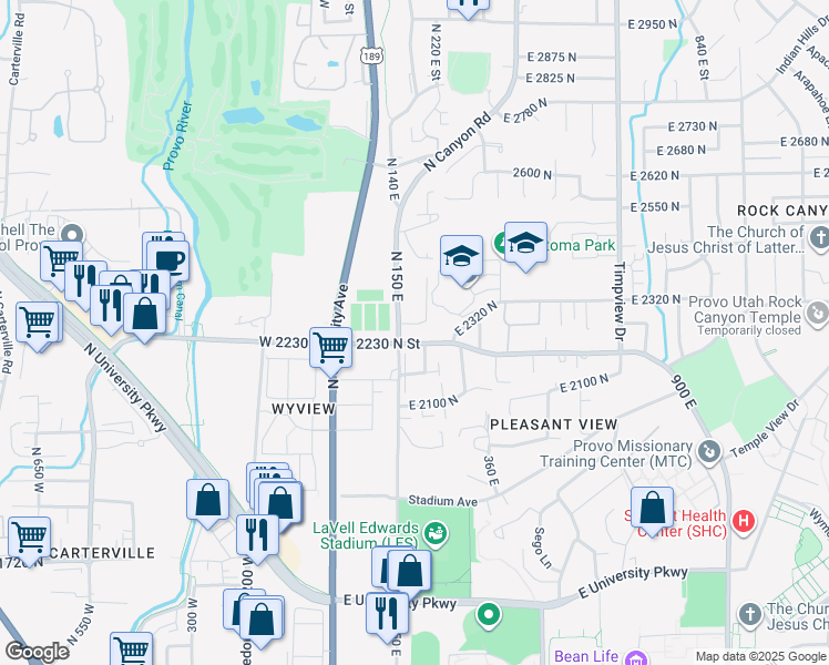 map of restaurants, bars, coffee shops, grocery stores, and more near 2244 North Canyon Road in Provo