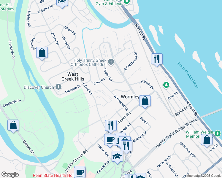 map of restaurants, bars, coffee shops, grocery stores, and more near 901 West Foxcroft Drive in Camp Hill