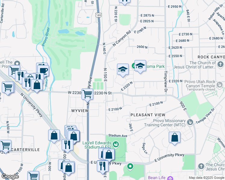 map of restaurants, bars, coffee shops, grocery stores, and more near 2210 North Canyon Road in Provo