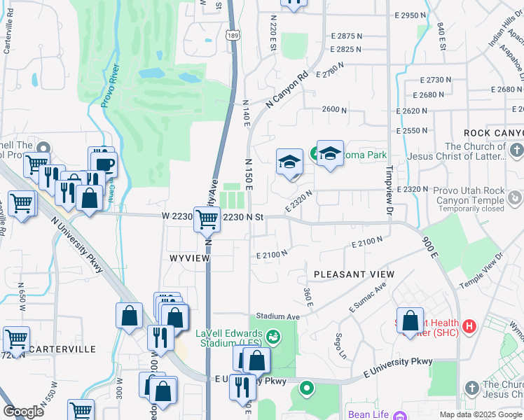 map of restaurants, bars, coffee shops, grocery stores, and more near 2210 North Canyon Road in Provo