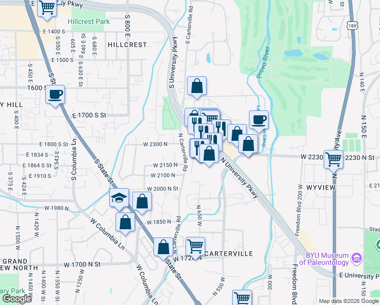 map of restaurants, bars, coffee shops, grocery stores, and more near 2164 North Carterville Road in Provo