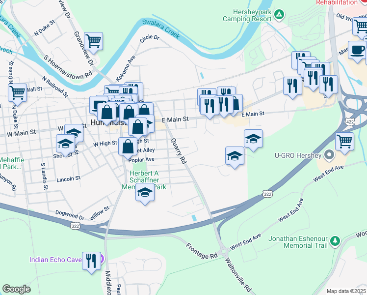 map of restaurants, bars, coffee shops, grocery stores, and more near 219 Poplar Avenue in Hummelstown