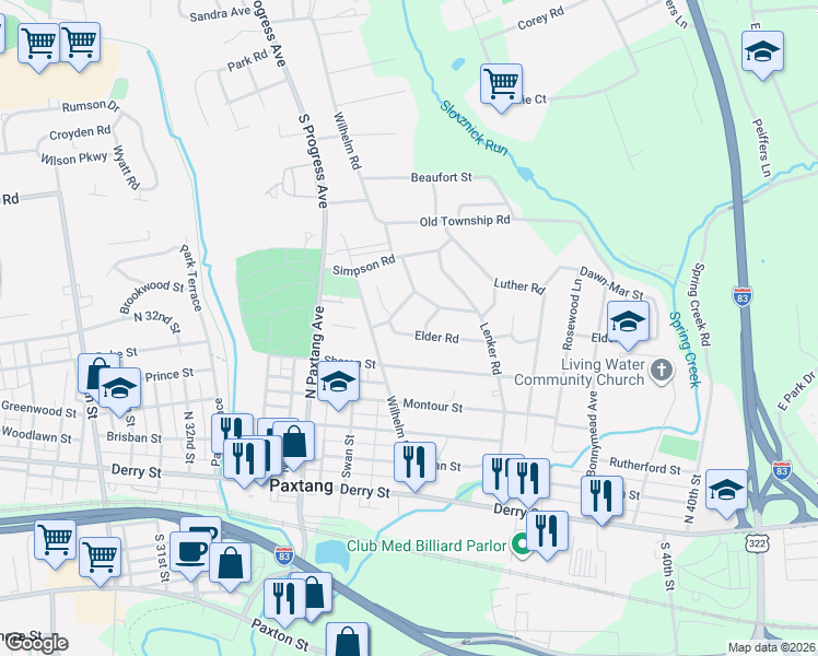 map of restaurants, bars, coffee shops, grocery stores, and more near 3739 Elder Road in Harrisburg