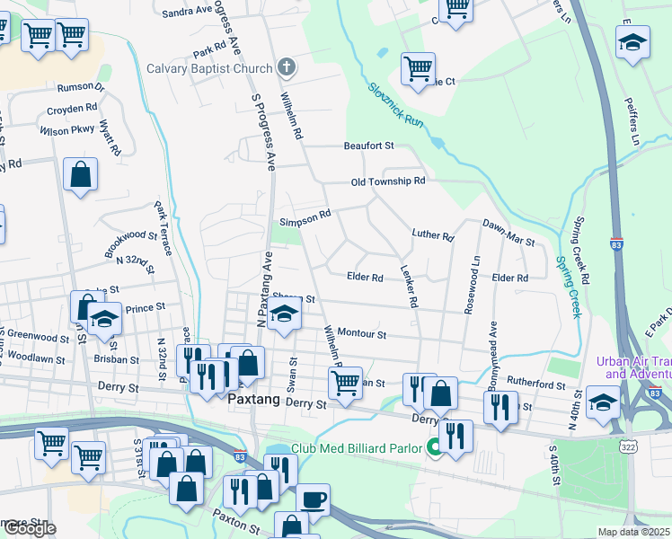 map of restaurants, bars, coffee shops, grocery stores, and more near 3700 Sharon Street in Harrisburg