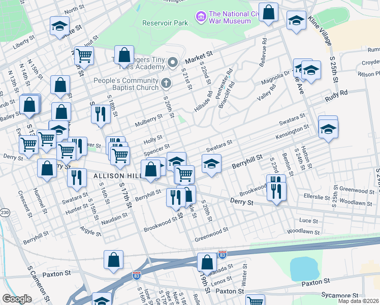 map of restaurants, bars, coffee shops, grocery stores, and more near 1945 Swatara Street in Harrisburg
