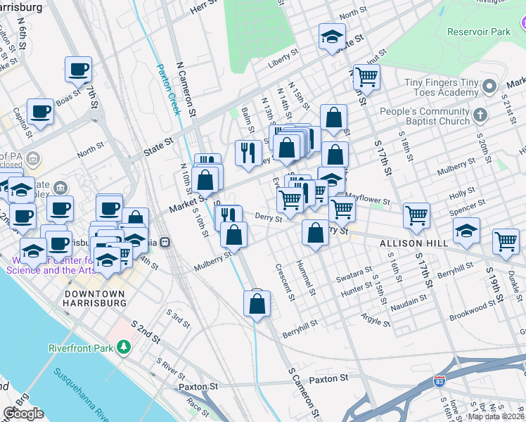 map of restaurants, bars, coffee shops, grocery stores, and more near in Harrisburg