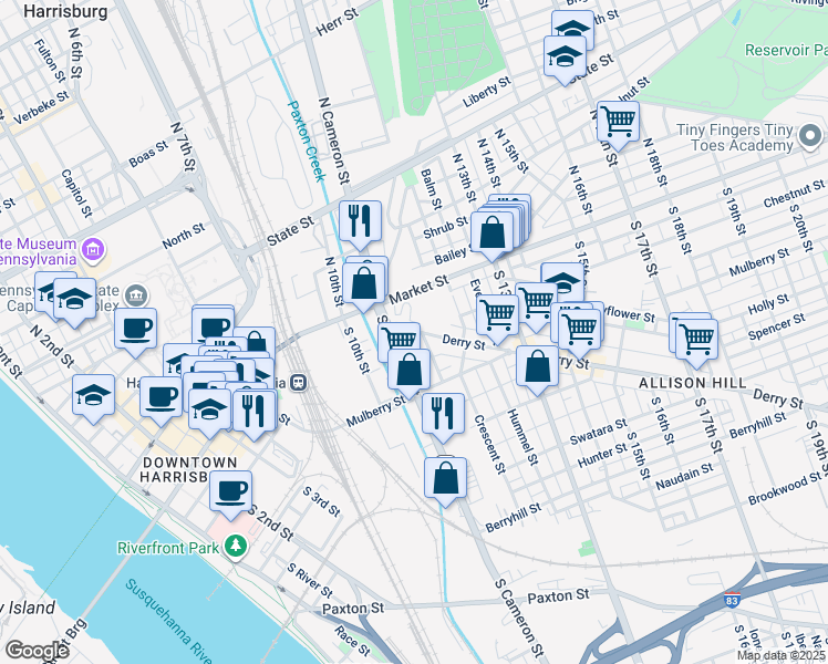 map of restaurants, bars, coffee shops, grocery stores, and more near 105 South Cameron Street in Harrisburg