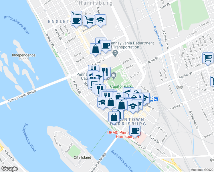 map of restaurants, bars, coffee shops, grocery stores, and more near 218 South Street in Harrisburg