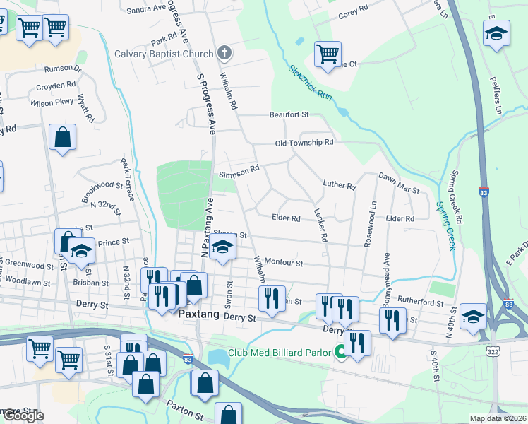 map of restaurants, bars, coffee shops, grocery stores, and more near 3700 Sharon Street in Harrisburg