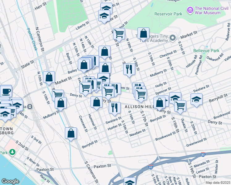 map of restaurants, bars, coffee shops, grocery stores, and more near 1435 Vernon Street in Harrisburg