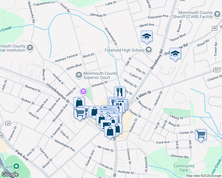 map of restaurants, bars, coffee shops, grocery stores, and more near 28 Spring Street in Freehold