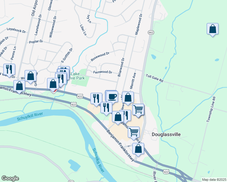 map of restaurants, bars, coffee shops, grocery stores, and more near 108 Briarwood Drive in Douglassville