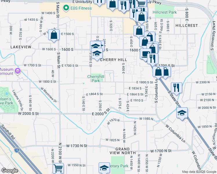 map of restaurants, bars, coffee shops, grocery stores, and more near 311 East 1830 South in Orem