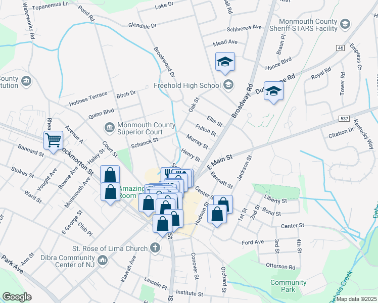map of restaurants, bars, coffee shops, grocery stores, and more near 17 Henry Street in Freehold