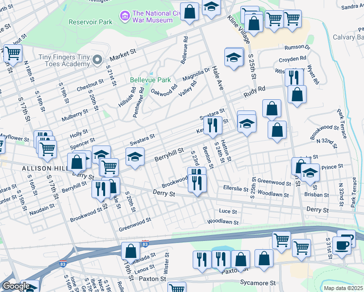 map of restaurants, bars, coffee shops, grocery stores, and more near 2244 Berryhill Street in Harrisburg
