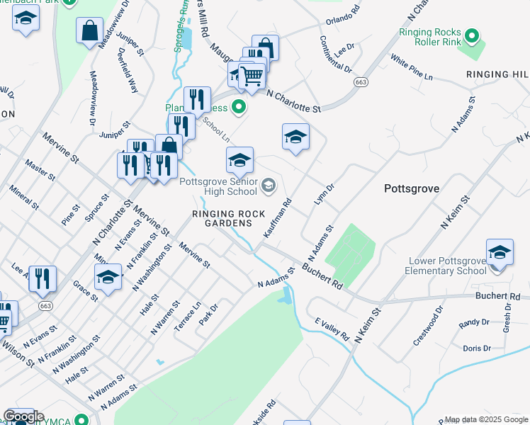 map of restaurants, bars, coffee shops, grocery stores, and more near 1345 Kauffman Road in Pottstown