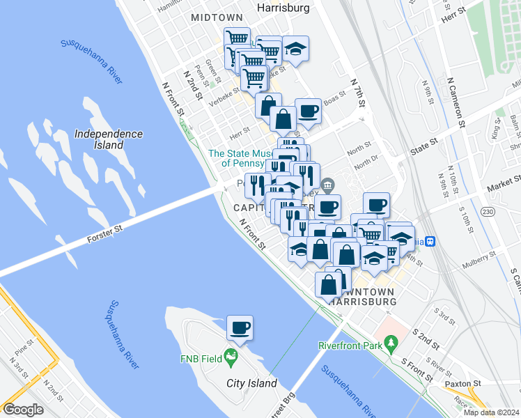 map of restaurants, bars, coffee shops, grocery stores, and more near 612 North 2nd Street in Harrisburg
