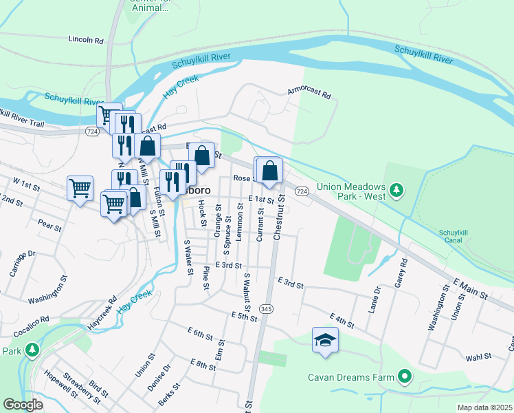 map of restaurants, bars, coffee shops, grocery stores, and more near 133 South Walnut Street in Birdsboro