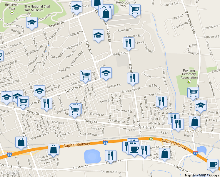map of restaurants, bars, coffee shops, grocery stores, and more near 2507 Barkley Lane in Harrisburg