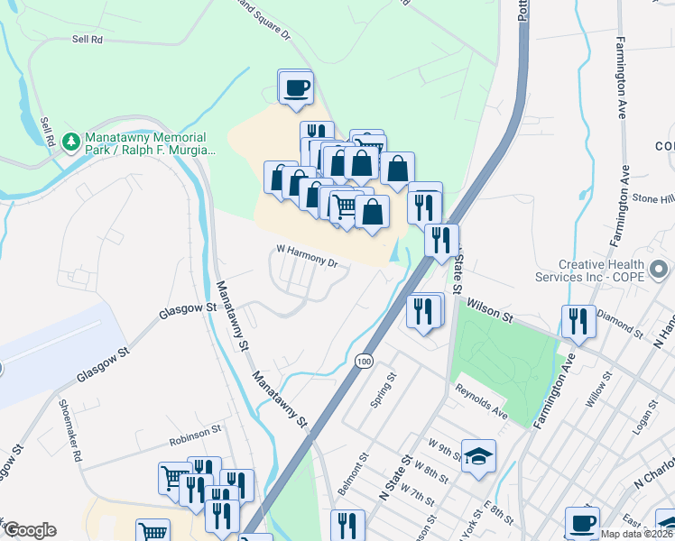 map of restaurants, bars, coffee shops, grocery stores, and more near 189 West Harmony Drive in Pottstown