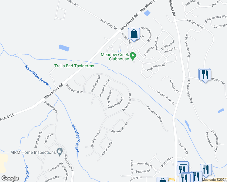 map of restaurants, bars, coffee shops, grocery stores, and more near 22 Day Star Road in Manalapan Township