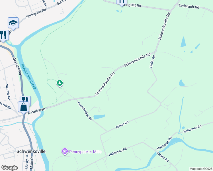 map of restaurants, bars, coffee shops, grocery stores, and more near 310 Schwenksville Road in Schwenksville