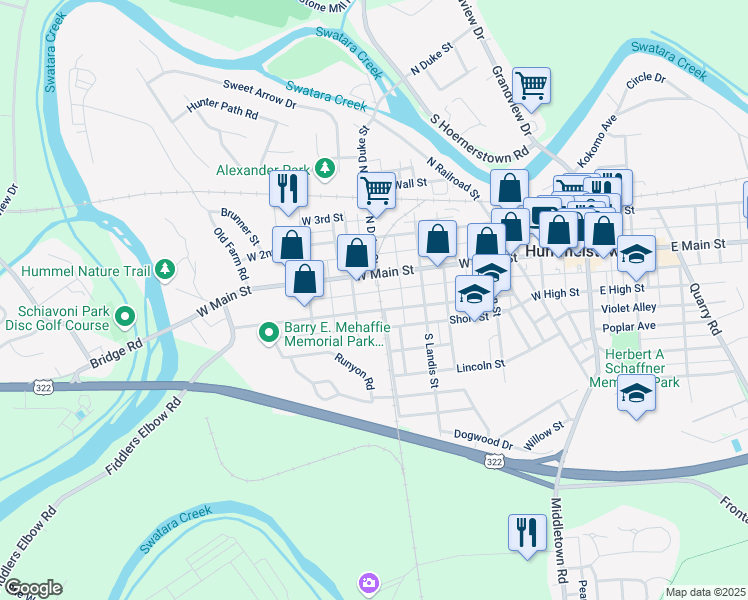 map of restaurants, bars, coffee shops, grocery stores, and more near 414 West High Street in Hummelstown