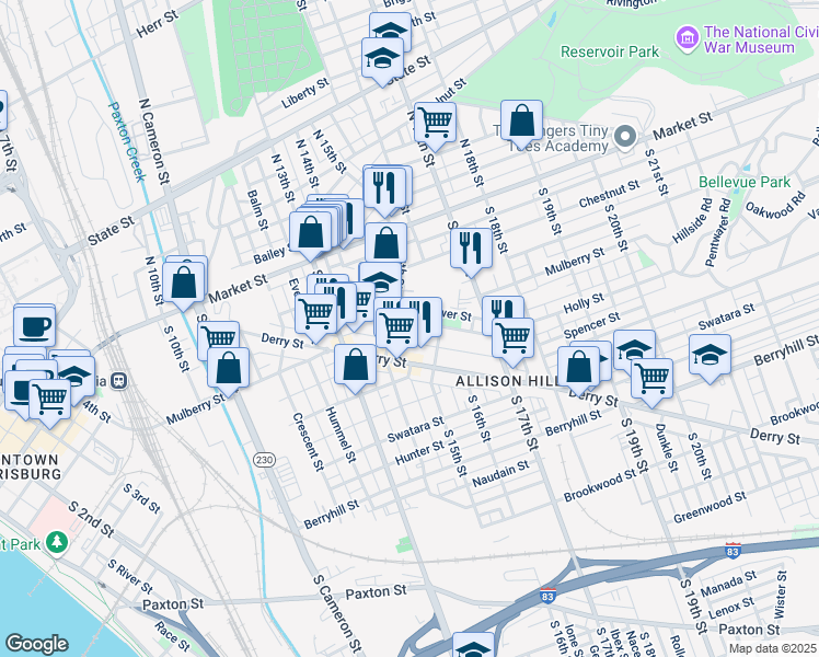 map of restaurants, bars, coffee shops, grocery stores, and more near 47 South 14th Street in Harrisburg