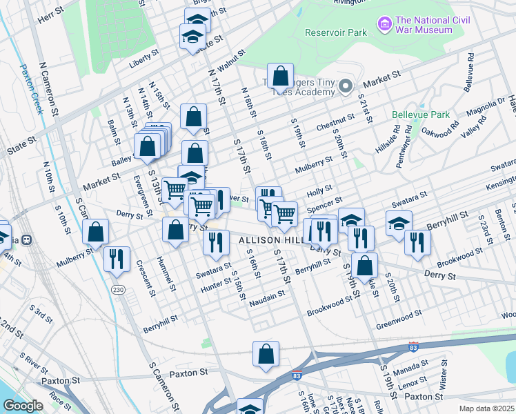 map of restaurants, bars, coffee shops, grocery stores, and more near 228 South 17th Street in Harrisburg