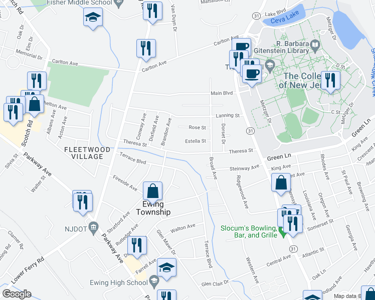 map of restaurants, bars, coffee shops, grocery stores, and more near 60 Theresa Street in Ewing Township