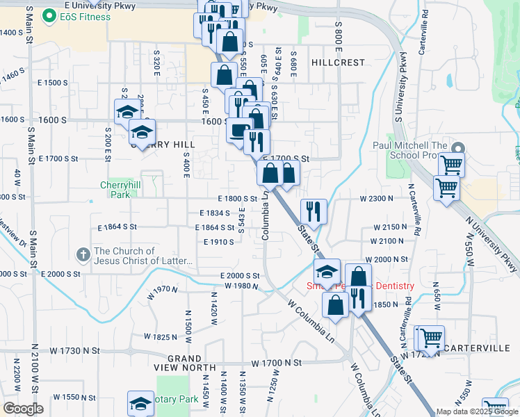 map of restaurants, bars, coffee shops, grocery stores, and more near 1814 South Columbia Lane in Orem