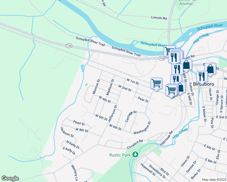 map of restaurants, bars, coffee shops, grocery stores, and more near 610 West 2nd Street in Birdsboro