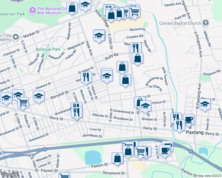 map of restaurants, bars, coffee shops, grocery stores, and more near 2507 Barkley Lane in Harrisburg