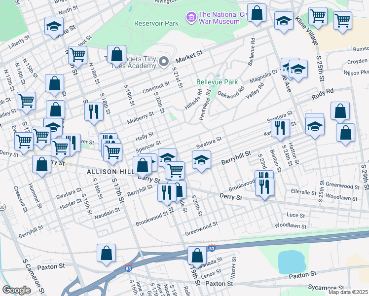map of restaurants, bars, coffee shops, grocery stores, and more near 2008 Rudy Road in Harrisburg