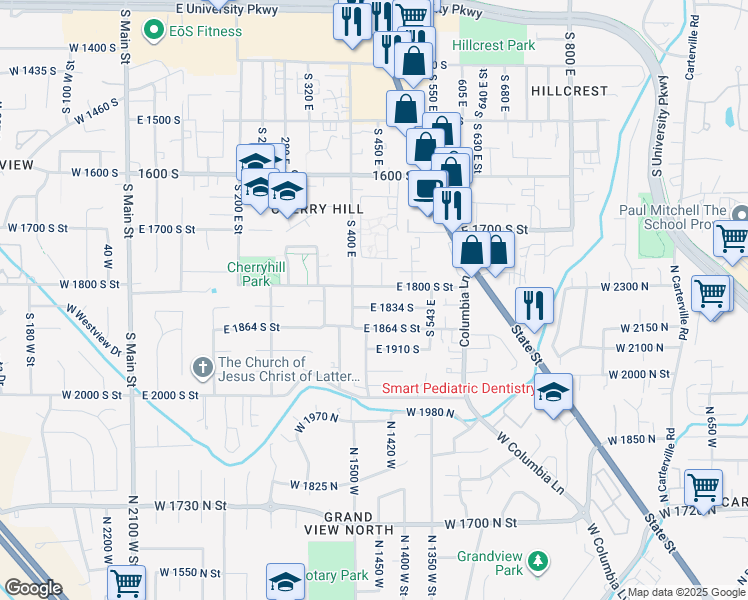map of restaurants, bars, coffee shops, grocery stores, and more near 1795 South 450 East in Orem