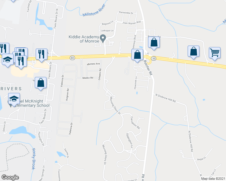 map of restaurants, bars, coffee shops, grocery stores, and more near 1110 Morning Glory Drive in Monroe Township