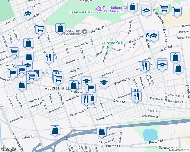 map of restaurants, bars, coffee shops, grocery stores, and more near 2008 Rudy Road in Harrisburg