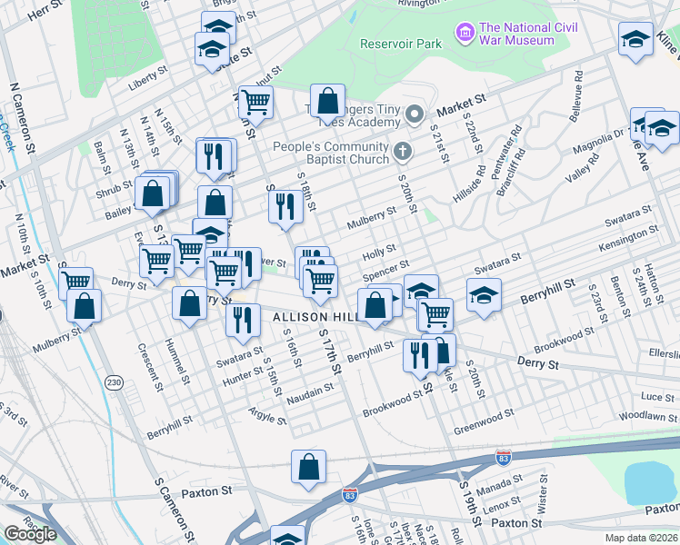 map of restaurants, bars, coffee shops, grocery stores, and more near 221 South 18th Street in Harrisburg