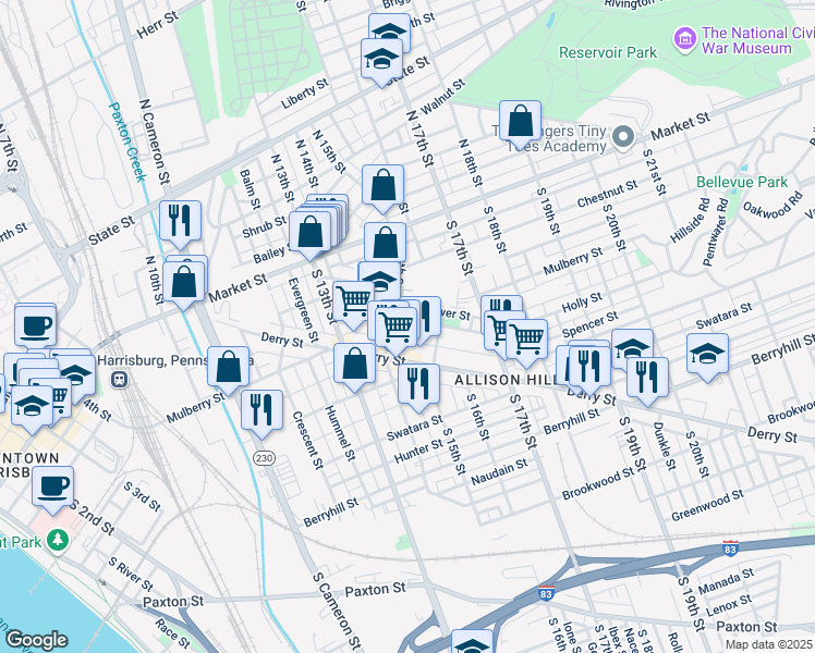 map of restaurants, bars, coffee shops, grocery stores, and more near 47 South 14th Street in Harrisburg