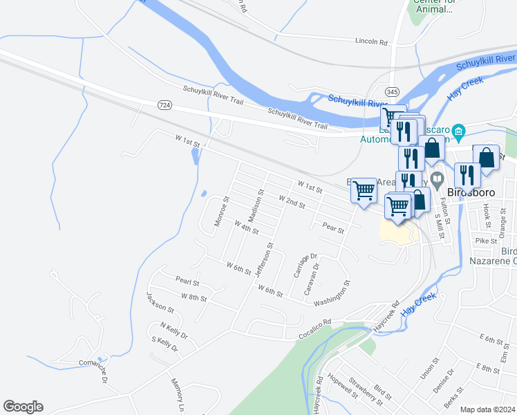 map of restaurants, bars, coffee shops, grocery stores, and more near 523 West 3rd Street in Birdsboro