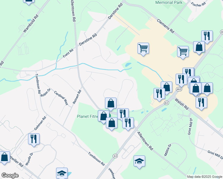 map of restaurants, bars, coffee shops, grocery stores, and more near 3039 Bainbridge Drive in Lansdale